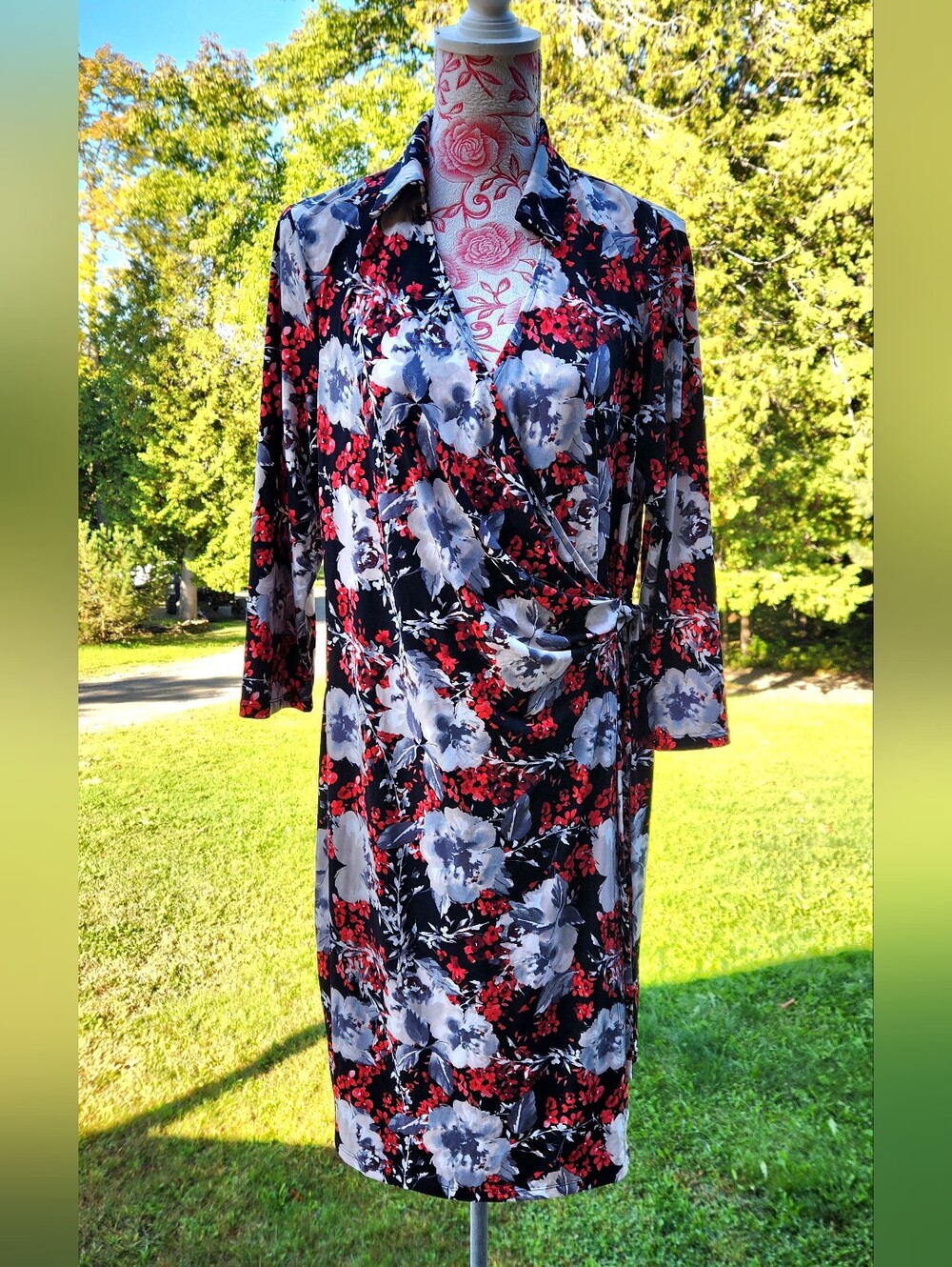 The Limited Black, Red & Gray Floral Wrap Dress